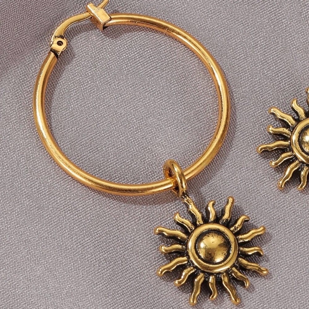 Any 2/$20! Bright Gold Sun Charm Hoop Earrings - Picture 4 of 7